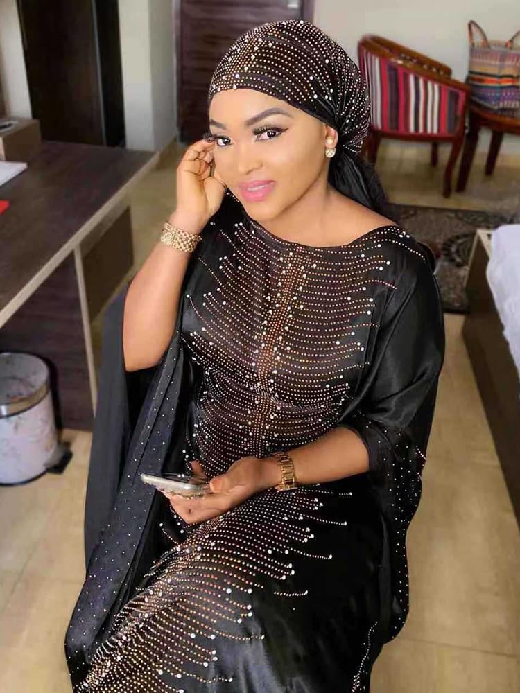 HD African Dress for Women Beading Rhinestone Kaftan Maxi Dress Black One Size Fit All - Image 5