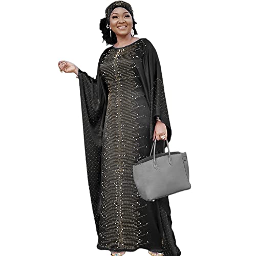 HD African Dress for Women Beading Rhinestone Kaftan Maxi Dress Black One Size Fit All - Image 1