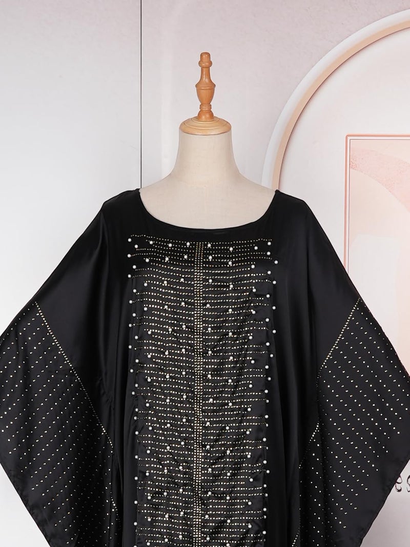 HD African Dress for Women Beading Rhinestone Kaftan Maxi Dress Black One Size Fit All - Image 2