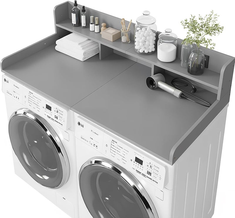 HMAZAE Washer Dryer Countertop with Shelf, 2-Tier Laundry Countertop Over Washer and Dryer, 54" x 27.55" Wooden Table for Folding Clothes for Laundry Room Organization and Storage (Gray) - Image 1