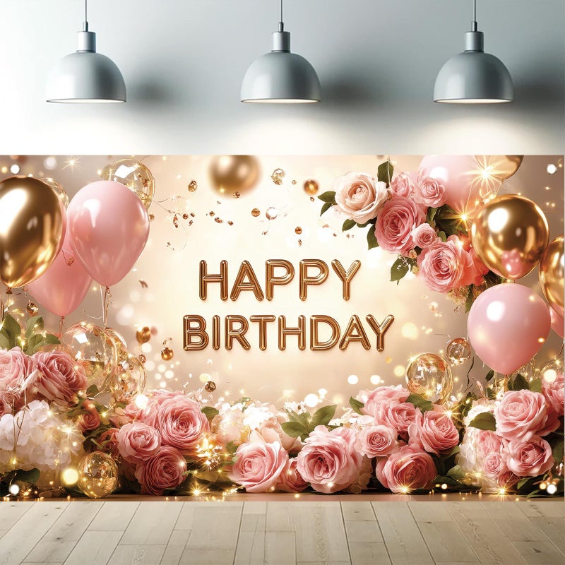 Saoplasa Birthday Backdrop Happy Birthday Backdrop for Women 71 x 43 Inch Polyester Birthday Party Wall Backdrop Photo Booth Background Banner for Woman Decorations - Image 1