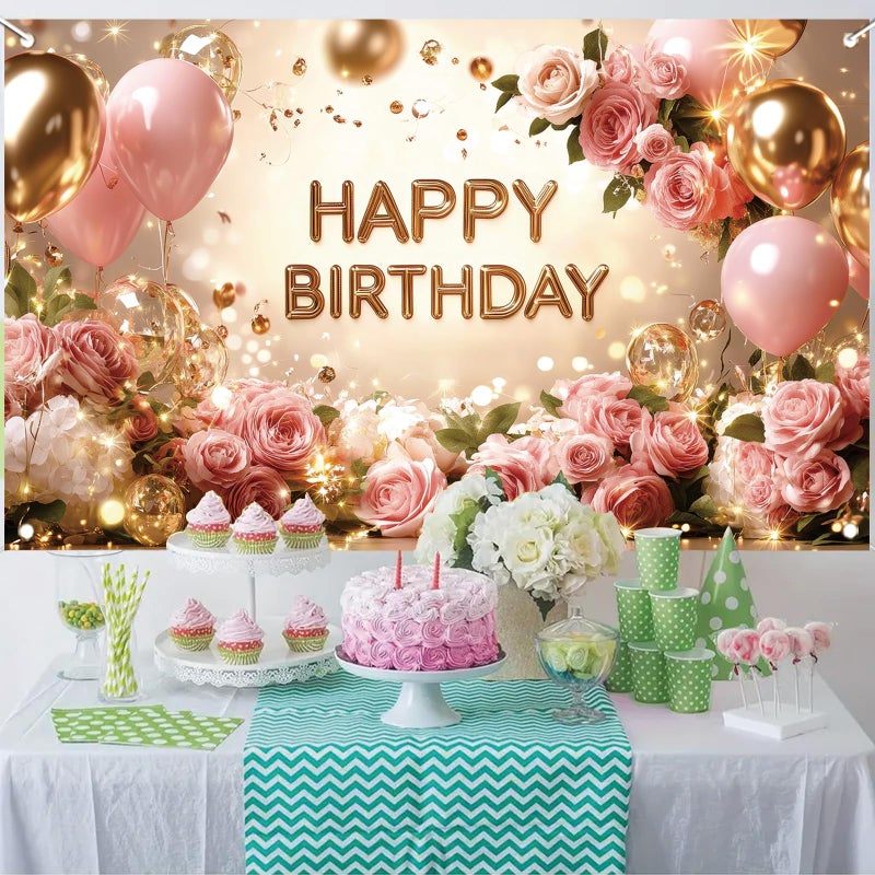 Saoplasa Birthday Backdrop Happy Birthday Backdrop for Women 71 x 43 Inch Polyester Birthday Party Wall Backdrop Photo Booth Background Banner for Woman Decorations - Image 2