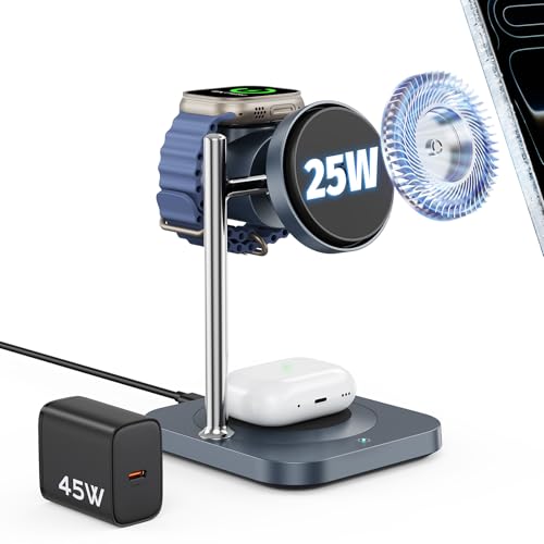 Gumosh Qi2.2 Charging Station for Apple, 25W 3 in 1 Magsafe Charger Stand with Active Cooling Fan, Magnetic Wireless Charger for iPhone 17/16/15/14/13/12, Apple Watch, AirPods (with 45W Adapter) - Image 1