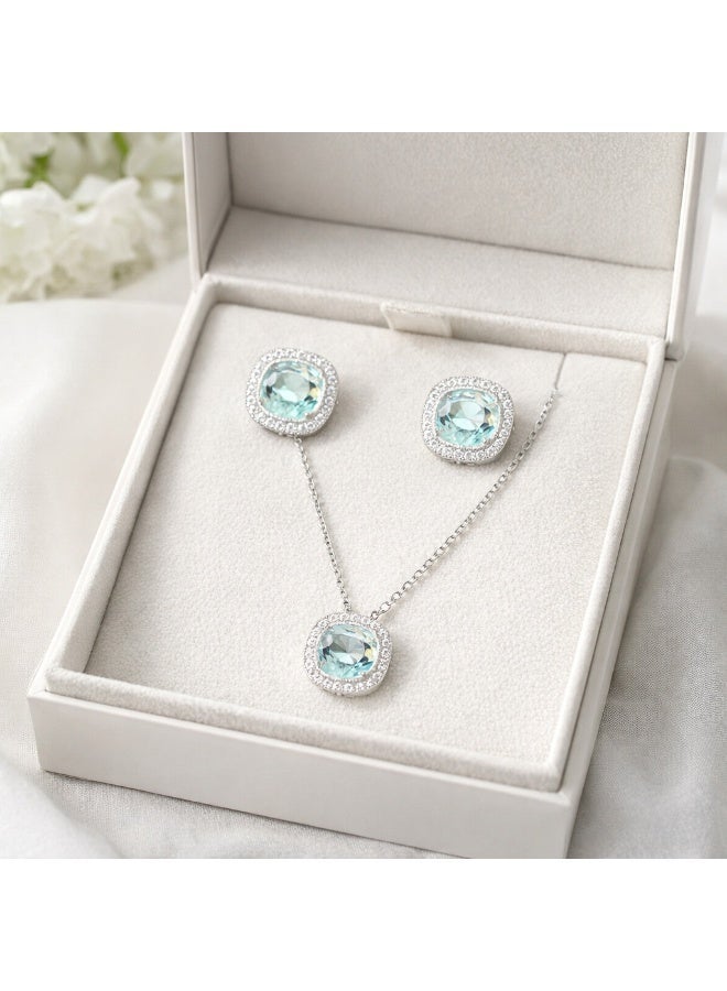 MTZ Women’s Silver-Tone Necklace and Earrings Set with Light Blue Stone, Elegant Sparkling Jewelry Set for Gift, Party and Wedding - Image 5