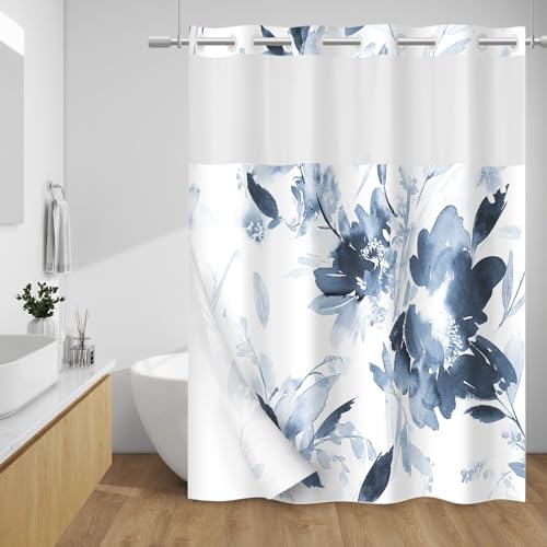 WITHLOC No Hook Shower Curtain with Snap in Liner - Floral Shower Curtain - Fabric Waterproof Inner Liner, Plants Navy Blue Flowers Modern Cloth Shower Curtains - Machine Washable, 71 x 74 - Image 1