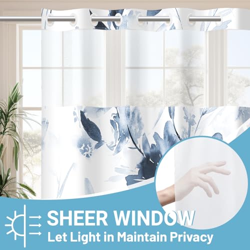 WITHLOC No Hook Shower Curtain with Snap in Liner - Floral Shower Curtain - Fabric Waterproof Inner Liner, Plants Navy Blue Flowers Modern Cloth Shower Curtains - Machine Washable, 71 x 74 - Image 2