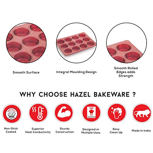 HAZEL Aluminium Cupcake Muffin Mould Microwave Safe 12 Cups Granite Finish Non Stick Muffin Pan Chocolate Baking Tray for House and Bakery, Red - Image 5