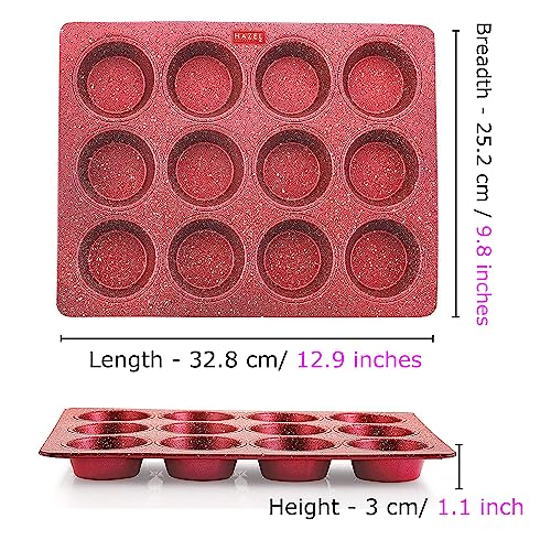HAZEL Aluminium Cupcake Muffin Mould Microwave Safe 12 Cups Granite Finish Non Stick Muffin Pan Chocolate Baking Tray for House and Bakery, Red - Image 4