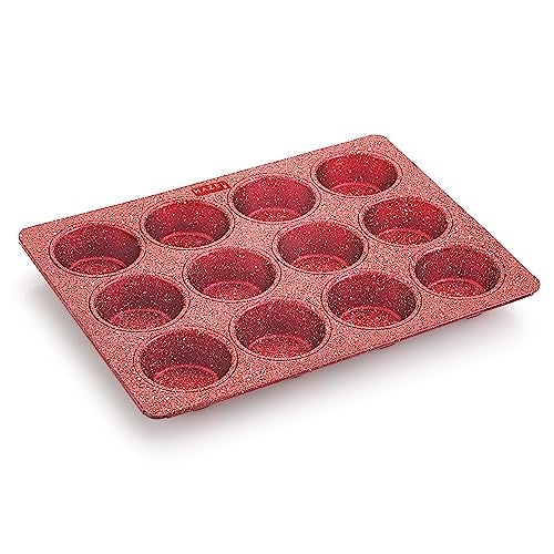 HAZEL Aluminium Cupcake Muffin Mould Microwave Safe 12 Cups Granite Finish Non Stick Muffin Pan Chocolate Baking Tray for House and Bakery, Red - Image 1