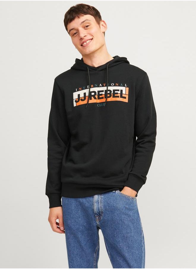 JJ Rebel by Jack and Jones Logo Box Print Rib Cuffed Hoodie  - Image 1