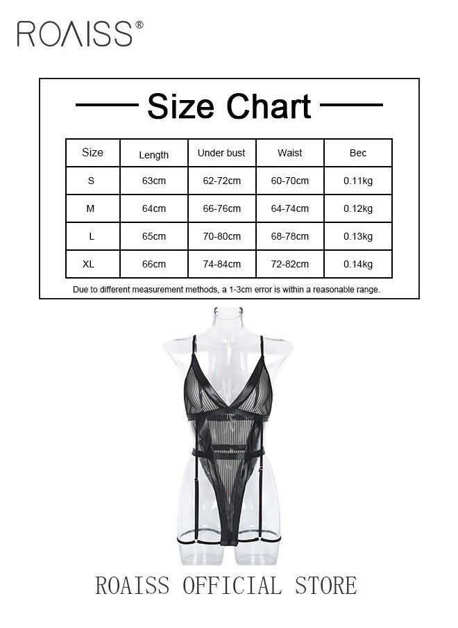 roaiss Bodysuit for Women Striped Patchwork Spaghetti Straps Backless Lingerie with Garters for Ladies Wife Girlfriend Increasing Midnight Charm Pajamas  - Image 3