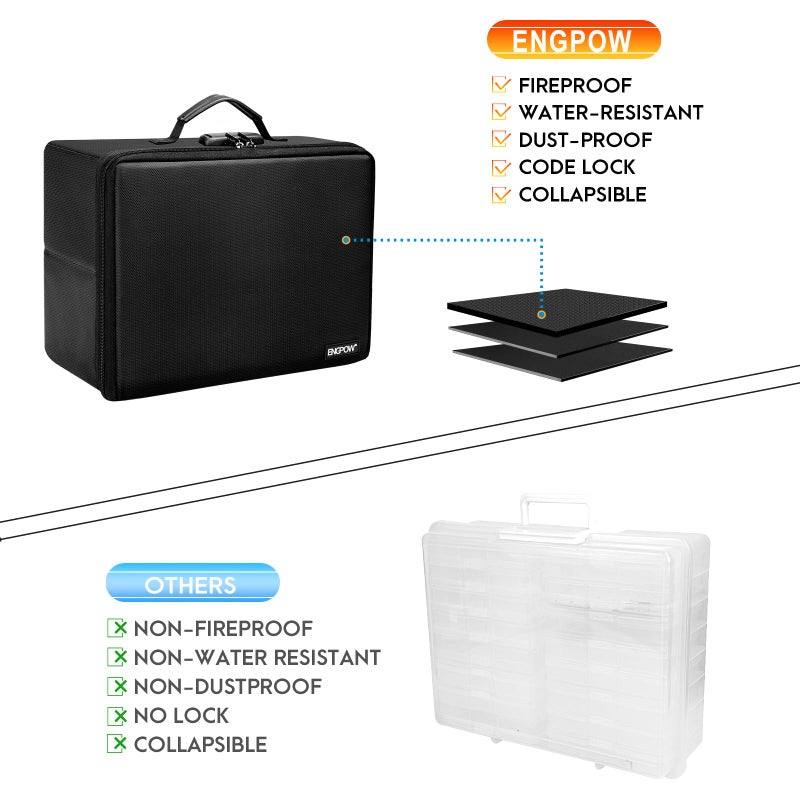 ENGPOW Photo Storage Box with 18 Inner 4" x 6" Photo Case(Clear), Fireproof Photo Organizer with Lock, Collapsible Portable Acid-Free Photo Keeper Craft Storage with Handles for Home, Office, travel - Image 3