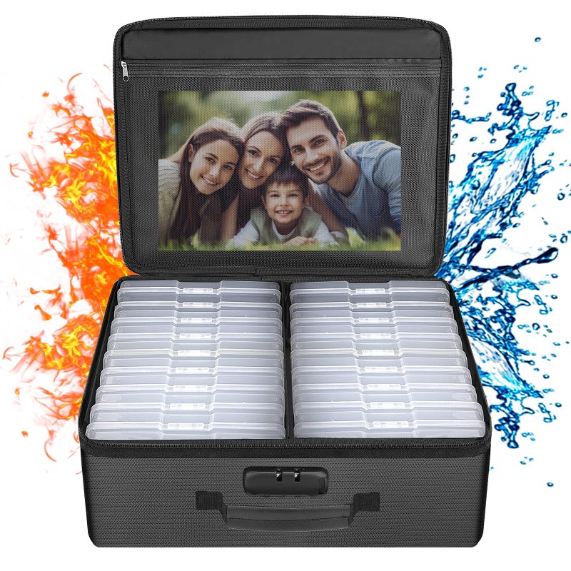 ENGPOW Photo Storage Box with 18 Inner 4" x 6" Photo Case(Clear), Fireproof Photo Organizer with Lock, Collapsible Portable Acid-Free Photo Keeper Craft Storage with Handles for Home, Office, travel - Image 1