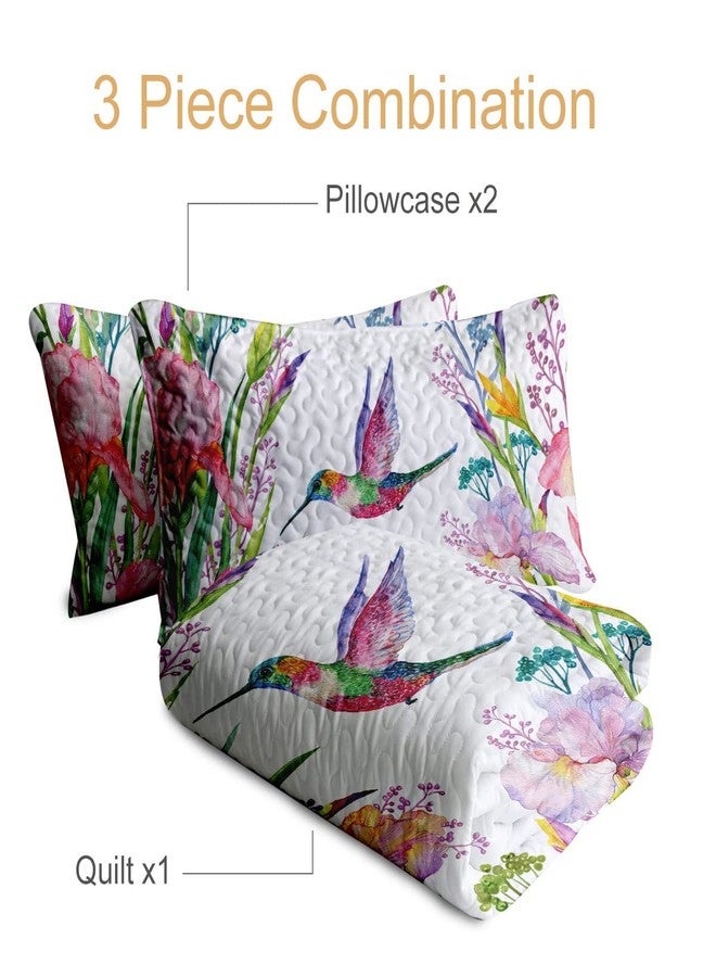BlessLiving Spring Tropical Birds Quilt Set Full/Queen Size, Watercolor Hummingbird Floral Bedspread 92"x96", Soft Lightweight Farmhouse Coverlet, Bed Cover for All Seasons-3 Pieces Valentine's Day Gifts - Image 3