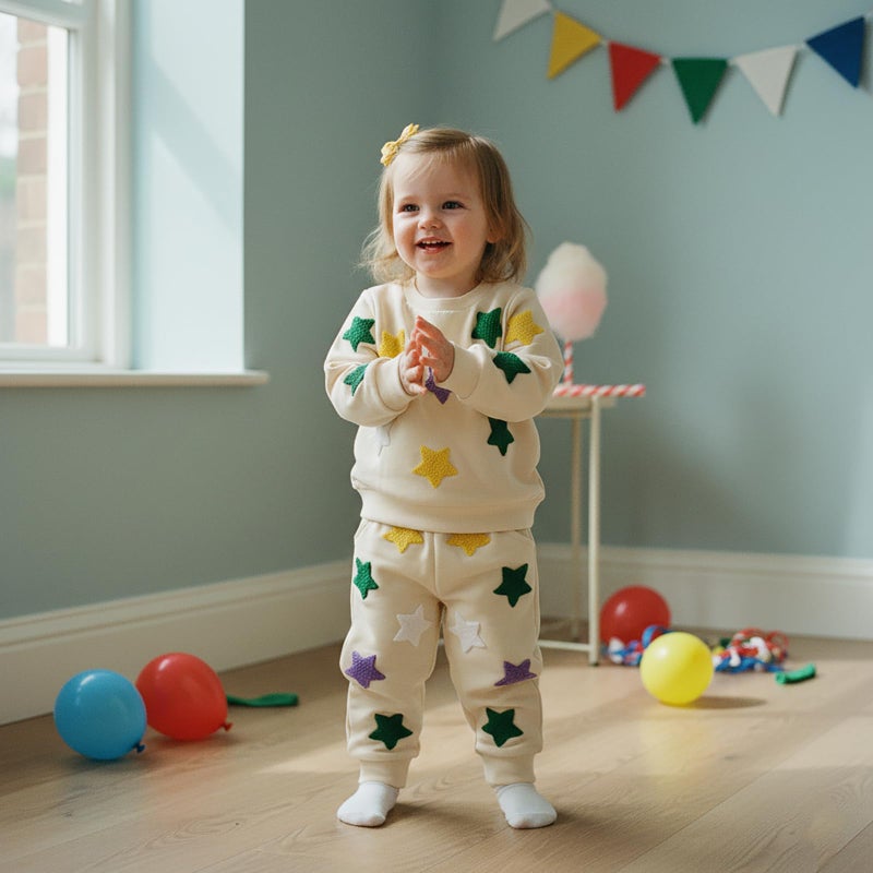 XRTBMN Toddler Boy Girl Mardi Gras Outfit Long Sleeve Star Sweatshirt Tops and Pants Set Infant Baby 2Pcs Spring Clothes (Beige, 2-3T) - Image 2