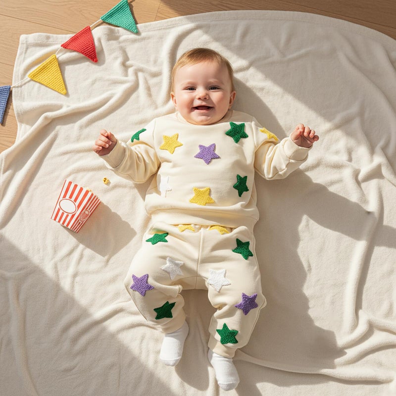 XRTBMN Toddler Boy Girl Mardi Gras Outfit Long Sleeve Star Sweatshirt Tops and Pants Set Infant Baby 2Pcs Spring Clothes (Beige, 2-3T) - Image 3