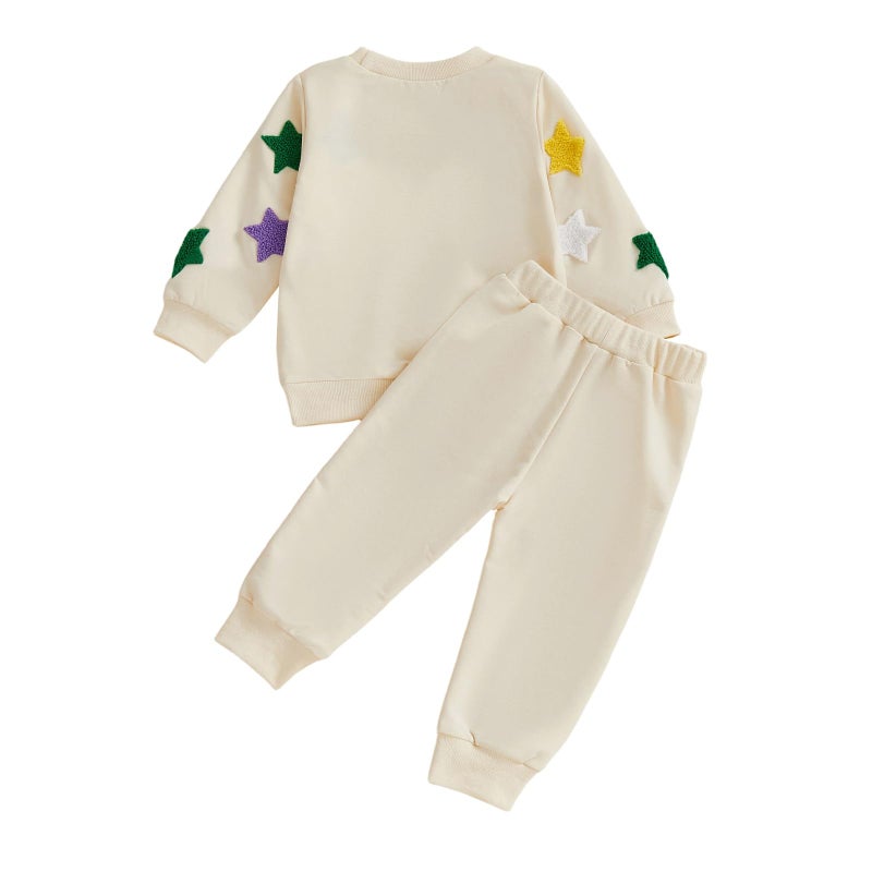 XRTBMN Toddler Boy Girl Mardi Gras Outfit Long Sleeve Star Sweatshirt Tops and Pants Set Infant Baby 2Pcs Spring Clothes (Beige, 2-3T) - Image 4