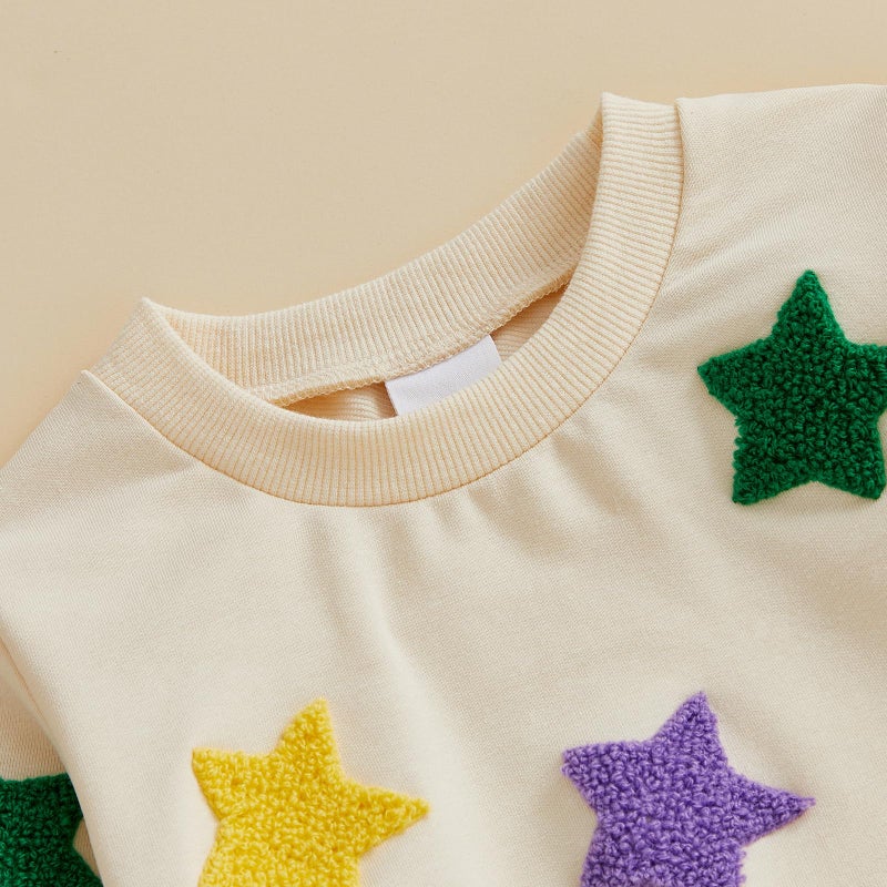 XRTBMN Toddler Boy Girl Mardi Gras Outfit Long Sleeve Star Sweatshirt Tops and Pants Set Infant Baby 2Pcs Spring Clothes (Beige, 2-3T) - Image 5