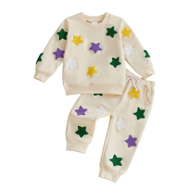 XRTBMN Toddler Boy Girl Mardi Gras Outfit Long Sleeve Star Sweatshirt Tops and Pants Set Infant Baby 2Pcs Spring Clothes (Beige, 2-3T) - Image 1