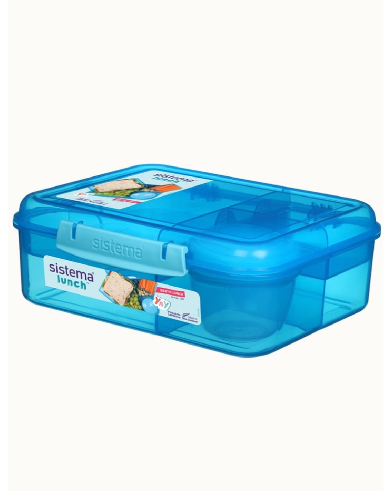 Sistema Bento Lunch Box 1.65L Blue with Multi Compartments & Yogurt Pot, Easy Lock Clip Lid, BPA Free Reusable Food Storage Container for Meal Prep, School & Office, Made in New Zealand - Image 1