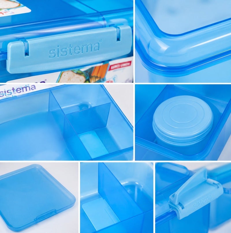 Sistema Bento Lunch Box 1.65L Blue with Multi Compartments & Yogurt Pot, Easy Lock Clip Lid, BPA Free Reusable Food Storage Container for Meal Prep, School & Office, Made in New Zealand - Image 3