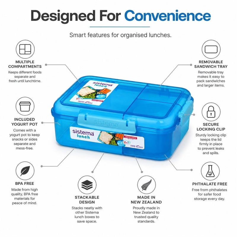 Sistema Bento Lunch Box 1.65L Blue with Multi Compartments & Yogurt Pot, Easy Lock Clip Lid, BPA Free Reusable Food Storage Container for Meal Prep, School & Office, Made in New Zealand - Image 2