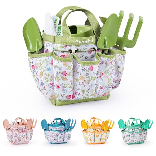 Grenebo Kids Gardening Set Toys Quality Garden Tool Kit for Kids and Toddlers Includes Two Shovels Garden hatRake ApronGloves Watering Can and Tool Bag Green - Image 1