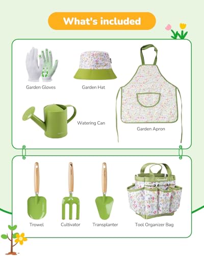 Grenebo Kids Gardening Set Toys Quality Garden Tool Kit for Kids and Toddlers Includes Two Shovels Garden hatRake ApronGloves Watering Can and Tool Bag Green - Image 5