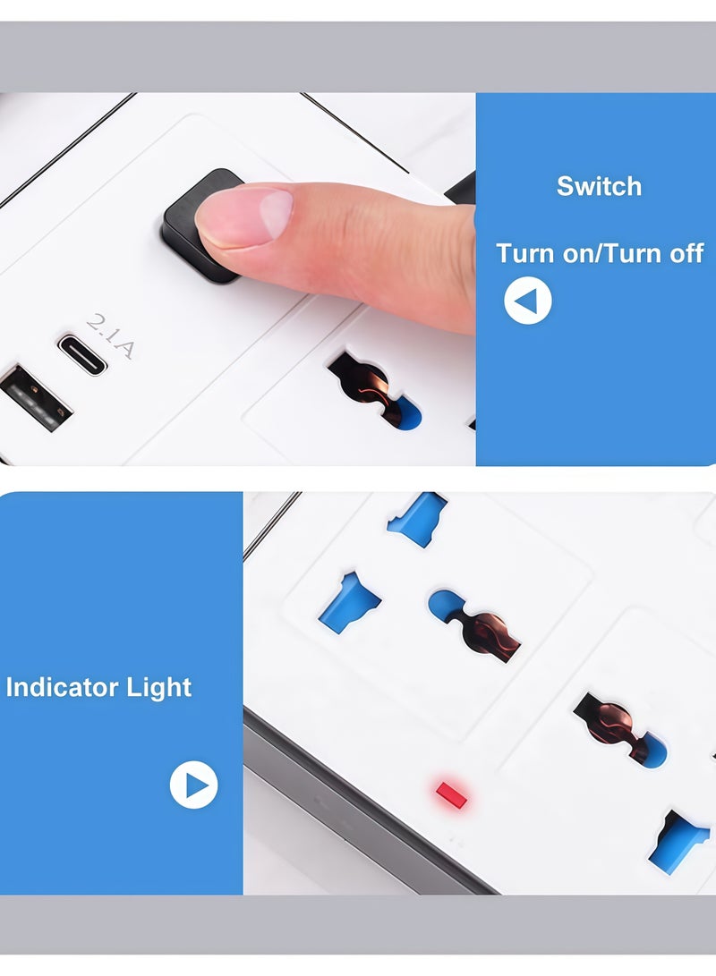 2 Meters Power Strip,10-in-1 Power Strip,Power Strip with 6 Outlets, 3 USB-A Ports, 1 USB-C Port,Wall Mountable,Overload & Surge Protection, Flame-Retardant ABS, for All Electronic Devices - Image 3