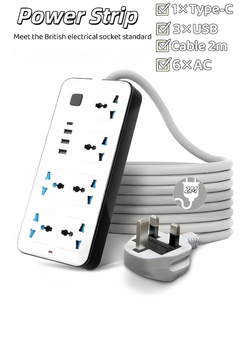 2 Meters Power Strip,10-in-1 Power Strip,Power Strip with 6 Outlets, 3 USB-A Ports, 1 USB-C Port,Wall Mountable,Overload & Surge Protection, Flame-Retardant ABS, for All Electronic Devices - Image 1