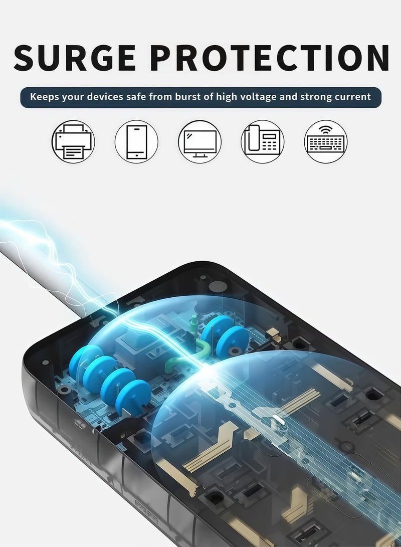2 Meters Power Strip,10-in-1 Power Strip,Power Strip with 6 Outlets, 3 USB-A Ports, 1 USB-C Port,Wall Mountable,Overload & Surge Protection, Flame-Retardant ABS, for All Electronic Devices - Image 4