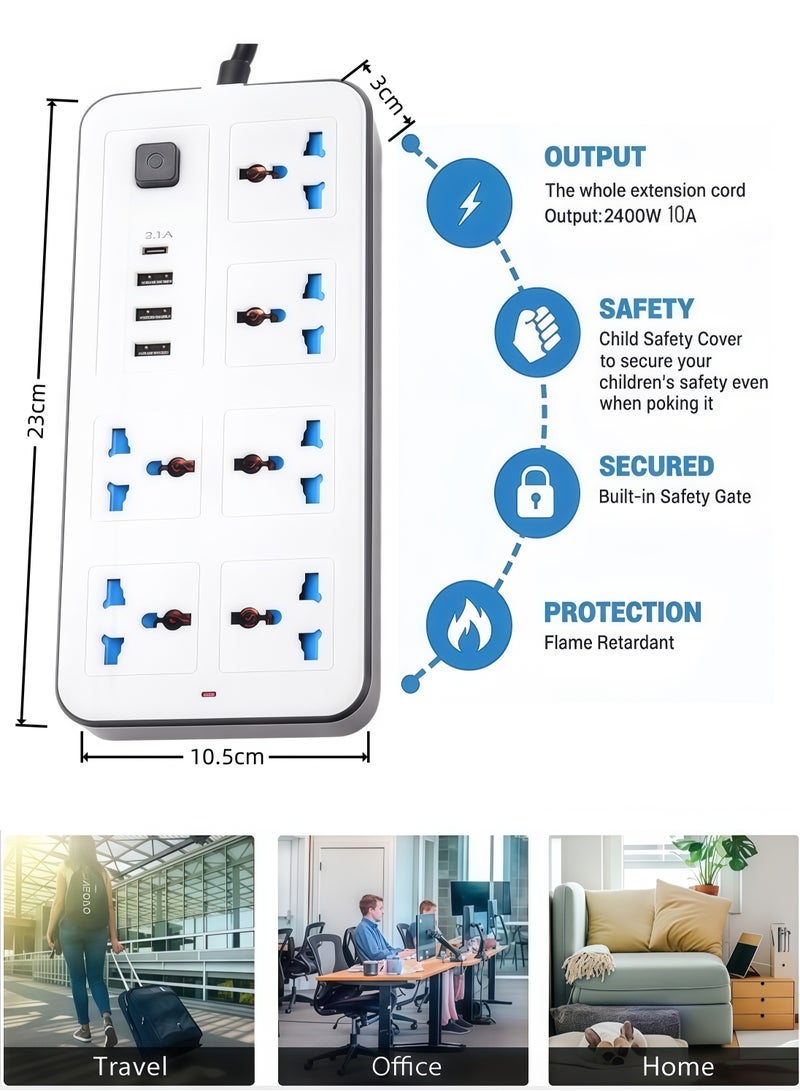 2 Meters Power Strip,10-in-1 Power Strip,Power Strip with 6 Outlets, 3 USB-A Ports, 1 USB-C Port,Wall Mountable,Overload & Surge Protection, Flame-Retardant ABS, for All Electronic Devices - Image 2