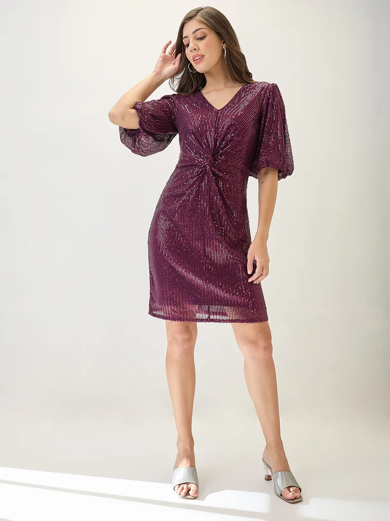 globus Women V-Neck Puff Sleeves Twisted Detail Sequinned Mini Sheath Party Dress