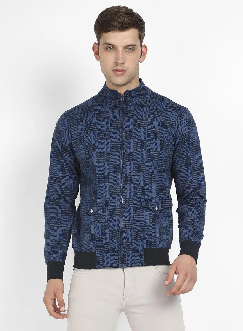 Campus Sutra Men's Indigo Blue Geometric-Jacquard Bomber Jacket