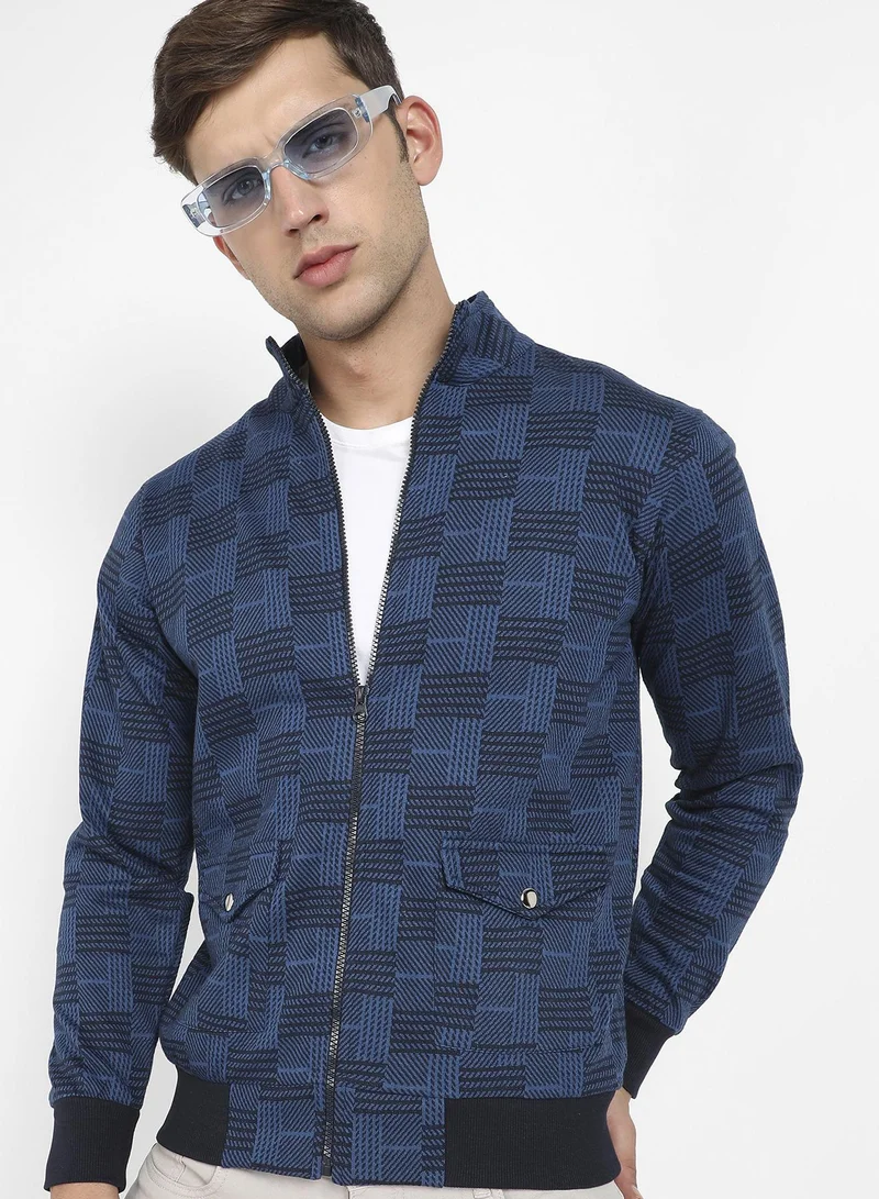 Men's Indigo Blue Geometric-Jacquard Bomber Jacket