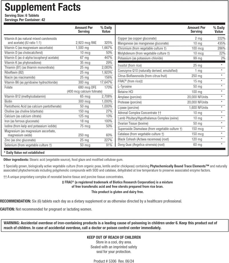 Biotics Research Equi-Fem Multi Vitamin Mineral Supplement for Women - High Dose for Pre-Menstrual Support with Black Cohosh and Dong Quai - 252 Tablets - Image 1