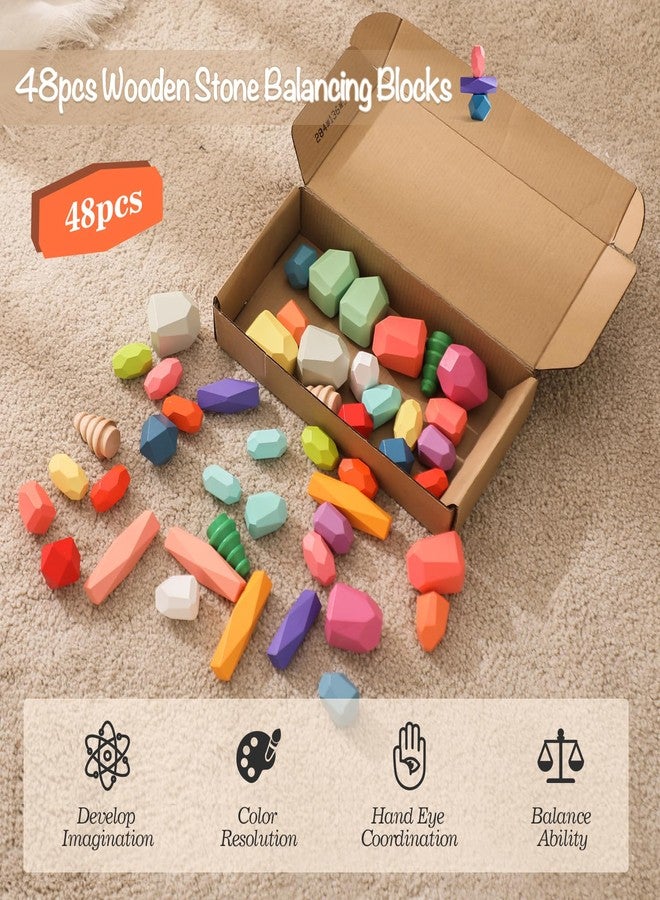 OESSUF Stacking Rocks 48Pcs Stacking Rocks Balancing Stacking Stones Wooden Stacking Toys Wooden Stone Stacking Game for Toddler Wood Sorting Montessori Stacking Rocks for Kids - Image 2