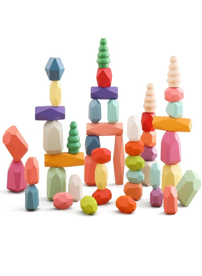 OESSUF Stacking Rocks 48Pcs Stacking Rocks Balancing Stacking Stones Wooden Stacking Toys Wooden Stone Stacking Game for Toddler Wood Sorting Montessori Stacking Rocks for Kids - Image 1