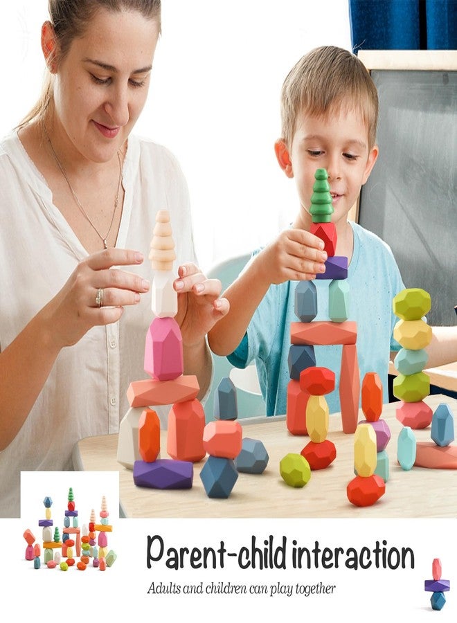 OESSUF Stacking Rocks 48Pcs Stacking Rocks Balancing Stacking Stones Wooden Stacking Toys Wooden Stone Stacking Game for Toddler Wood Sorting Montessori Stacking Rocks for Kids - Image 5