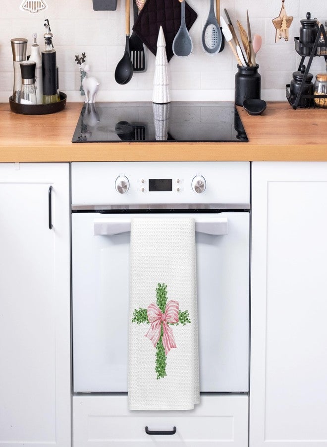 PIUD Coquette Pink Boxwood Cross Christian Kitchen Towels, Preppy Easter Hand Towels, 16x24 Inch - Image 4