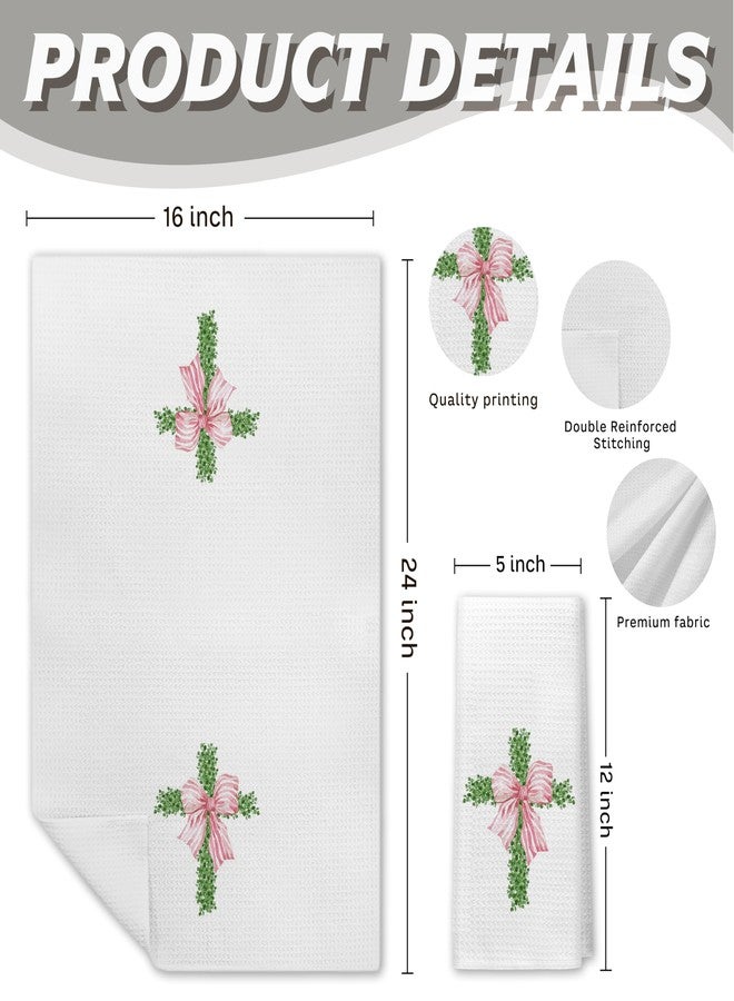 PIUD Coquette Pink Boxwood Cross Christian Kitchen Towels, Preppy Easter Hand Towels, 16x24 Inch - Image 2