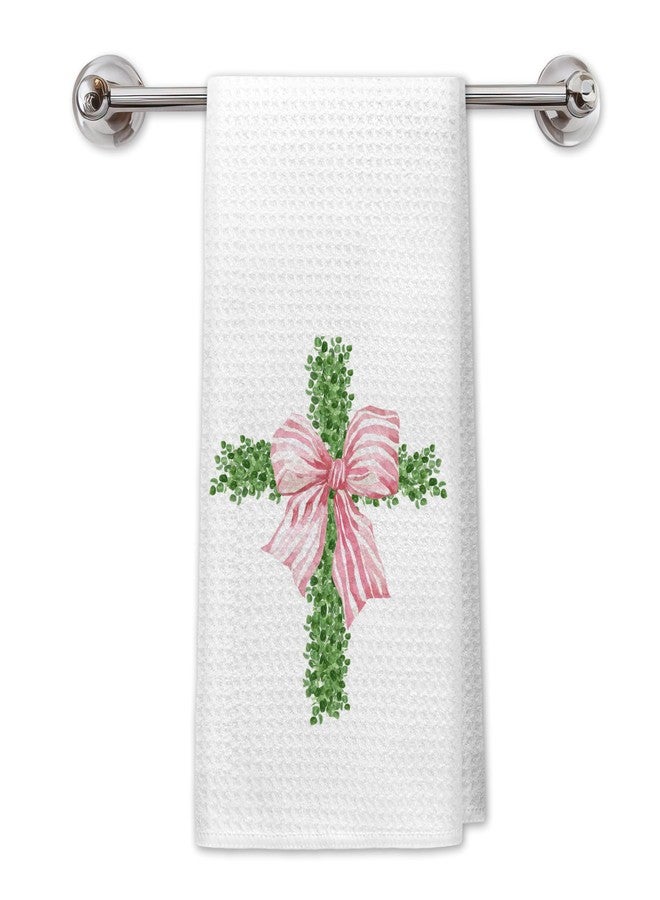 PIUD Coquette Pink Boxwood Cross Christian Kitchen Towels, Preppy Easter Hand Towels, 16x24 Inch - Image 1