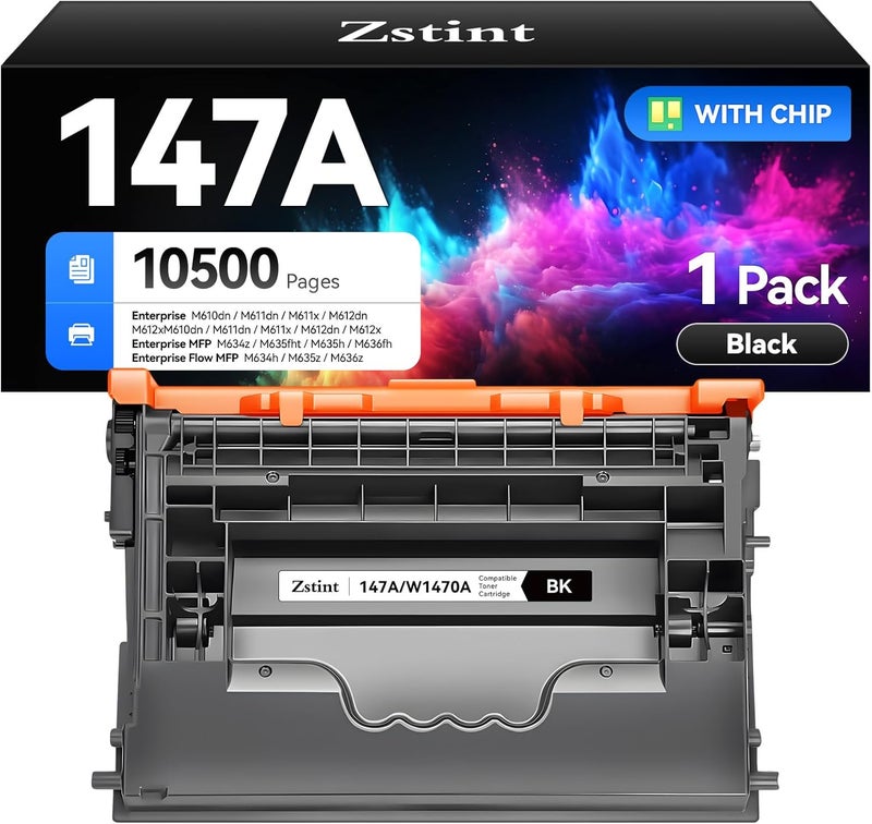 Zstint 147A Black Toner Cartridge 1-Pack High Yield with Chip Replacement for HP 147A W1470A Toner Cartridges Compatible with HP Laser Jet Enterprise Flow MFP M634h M635z M636z M610dn M611dn M612dn Printer - Image 1
