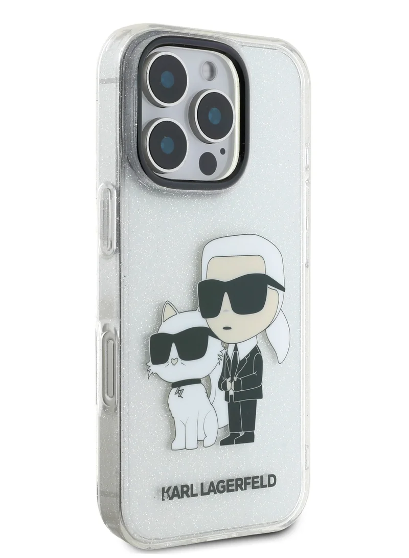Karl Lagerfeld IML Glitter Hard Case with NFT Karl & Choupette Logo for iPhone 16 Pro Max / Drop protection / Slim Profile / Comfortable Grip-Transparent