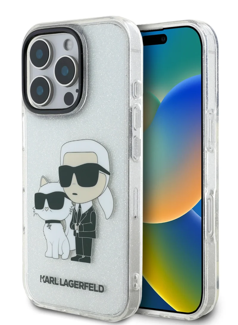 Karl Lagerfeld IML Glitter Hard Case with NFT Karl & Choupette Logo for iPhone 16 Pro Max / Drop protection / Slim Profile / Comfortable Grip-Transparent