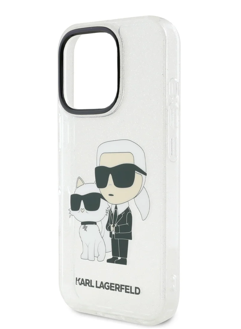 Karl Lagerfeld IML Glitter Hard Case with NFT Karl & Choupette Logo for iPhone 16 Pro Max / Drop protection / Slim Profile / Comfortable Grip-Transparent