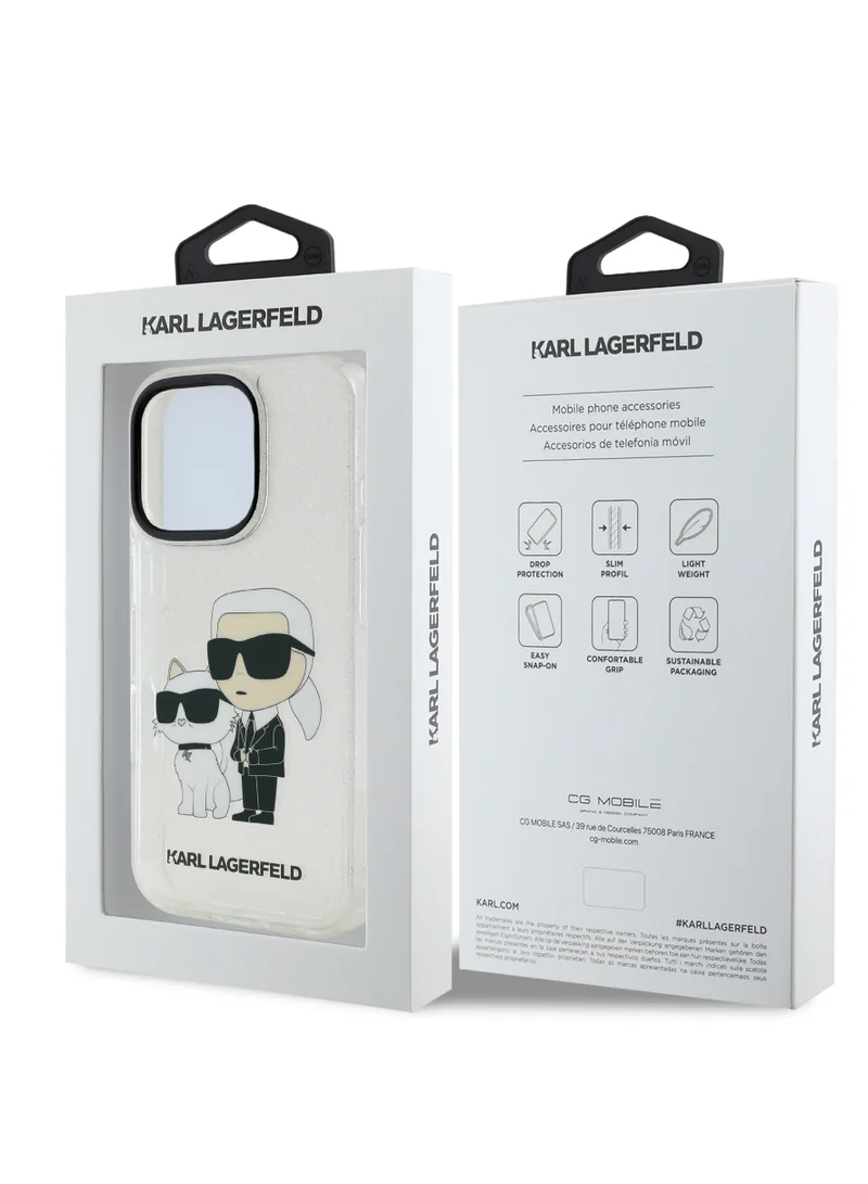 Karl Lagerfeld IML Glitter Hard Case with NFT Karl & Choupette Logo for iPhone 16 Pro Max / Drop protection / Slim Profile / Comfortable Grip-Transparent