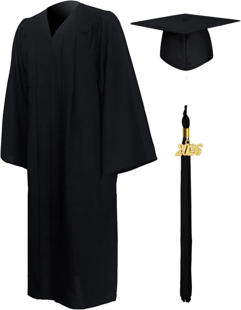Matte Graduation Gown Set: 48 Inch Black Thick Matte Polyester With Strong Zipper - Cap And Tassel With Removable 2021 Year Charms For High School Or Bachelor Graduation Ceremony - Image 1