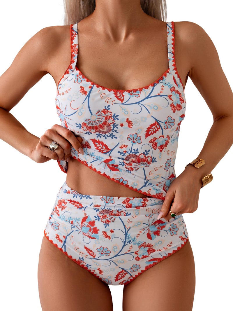 Eomenie Tankini Swimsuit for Women Tummy Control Ruched Two Piece Bathing Suits High Waisted Shell Stitch Swimwear - Image 1