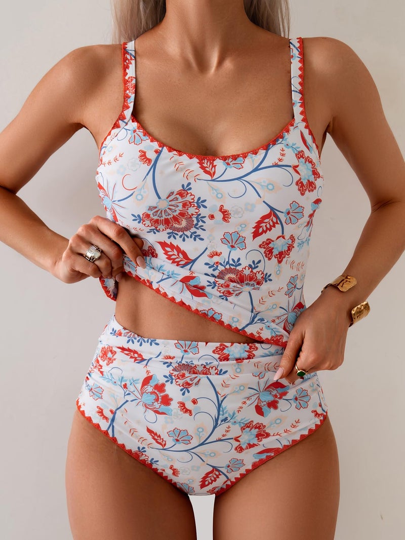 Eomenie Tankini Swimsuit for Women Tummy Control Ruched Two Piece Bathing Suits High Waisted Shell Stitch Swimwear - Image 5